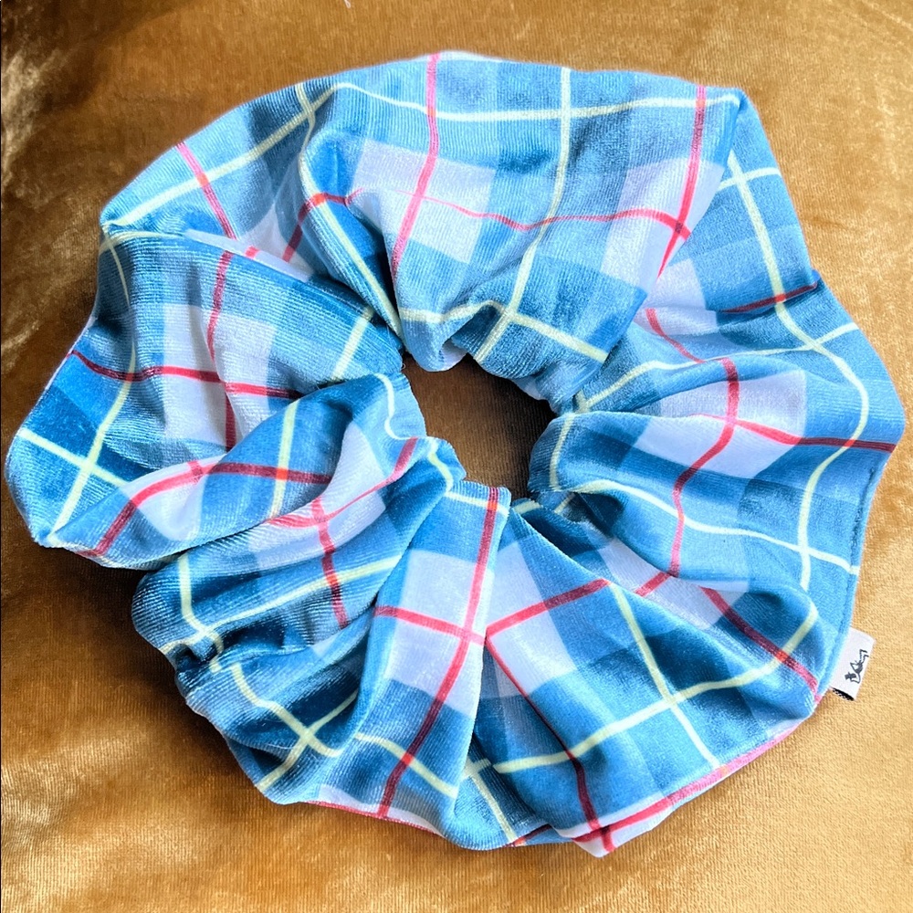 Fashion Brand Company blue and white velvet plaid jumbo scrunchie